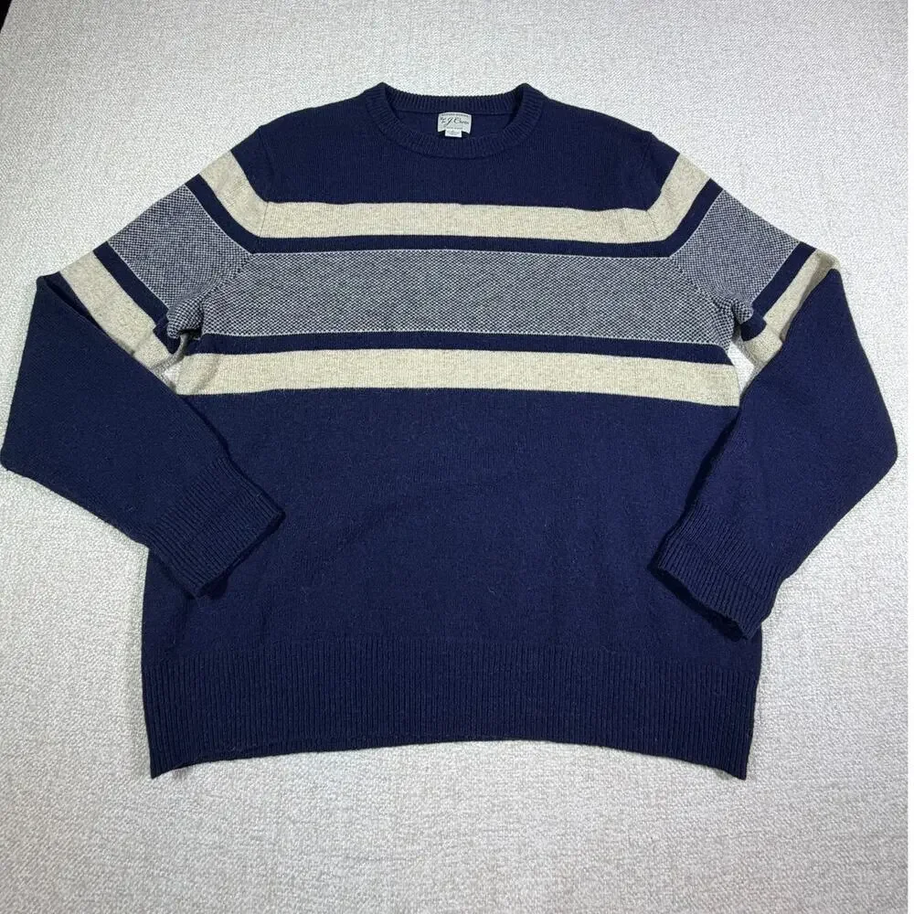 J Crew Men Large Blue Tan Rugged Merino Wool Blend Long Sleeve Preppy Sweater